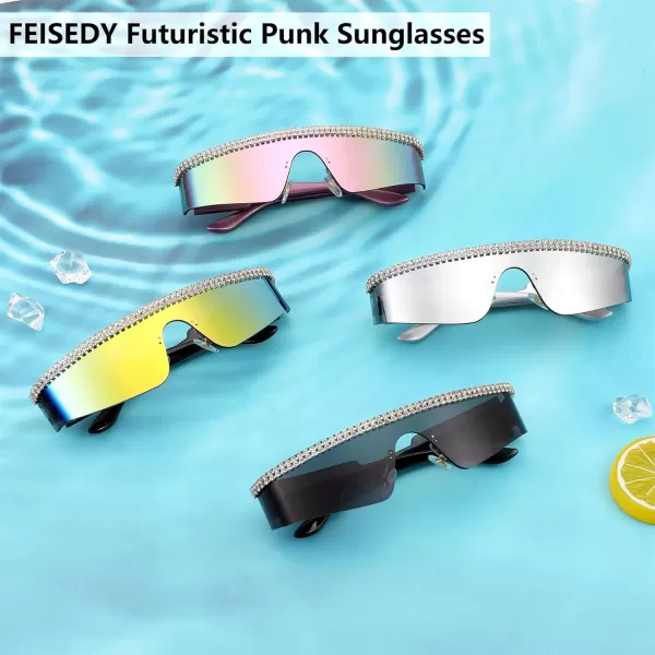 FEISEDY Futuristic Visor Punk Sunglasses Rimless One Piece Goggles Miorred Shades Women Men B2927Jeweled Frame Pink Mirrored Lens 002