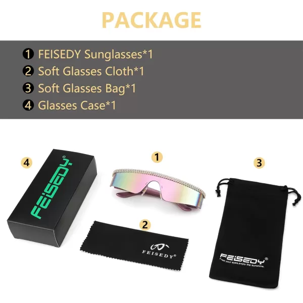 FEISEDY Futuristic Visor Punk Sunglasses Rimless One Piece Goggles Miorred Shades Women Men B2927Jeweled Frame Pink Mirrored Lens 002