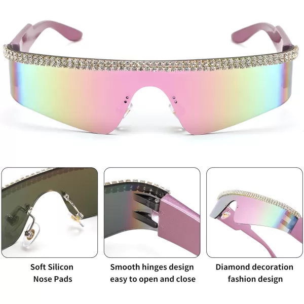 FEISEDY Futuristic Visor Punk Sunglasses Rimless One Piece Goggles Miorred Shades Women Men B2927Jeweled Frame Pink Mirrored Lens 002
