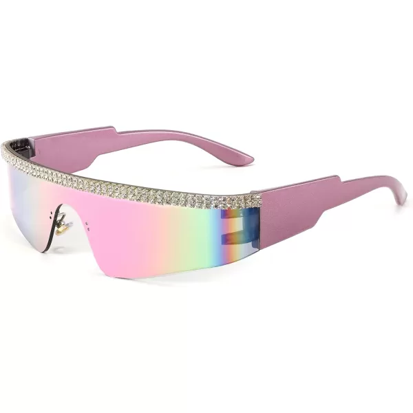 FEISEDY Futuristic Visor Punk Sunglasses Rimless One Piece Goggles Miorred Shades Women Men B2927Jeweled Frame Pink Mirrored Lens 002