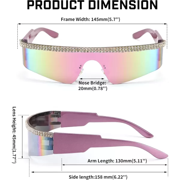 FEISEDY Futuristic Visor Punk Sunglasses Rimless One Piece Goggles Miorred Shades Women Men B2927Jeweled Frame Pink Mirrored Lens 002