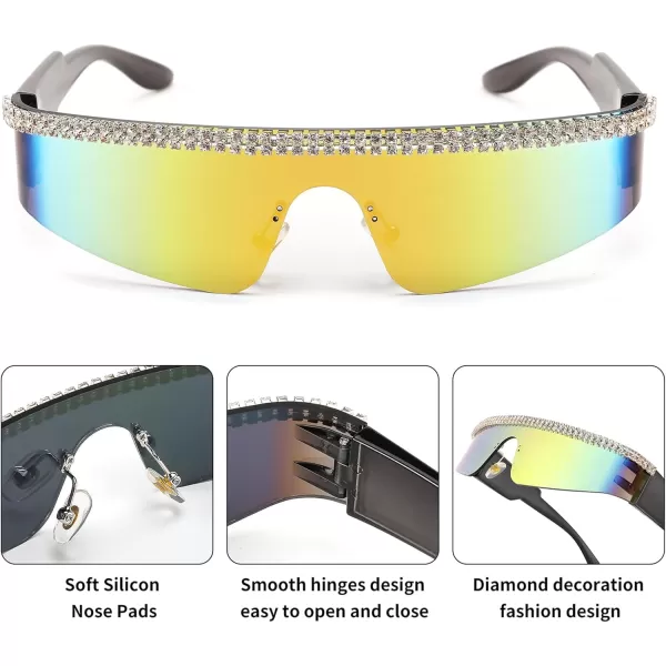 FEISEDY Futuristic Visor Punk Sunglasses Rimless One Piece Goggles Miorred Shades Women Men B2927Jeweled Frame Red Mirrored Lens 003