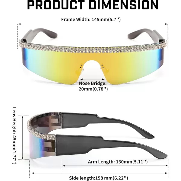 FEISEDY Futuristic Visor Punk Sunglasses Rimless One Piece Goggles Miorred Shades Women Men B2927Jeweled Frame Red Mirrored Lens 003