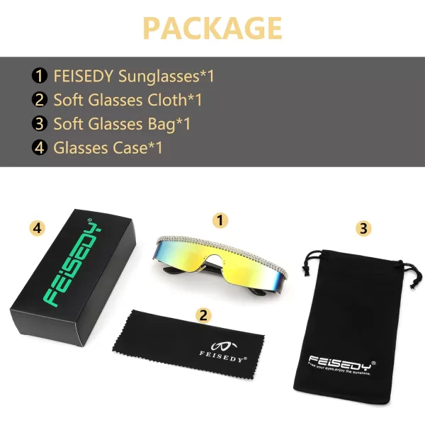 FEISEDY Futuristic Visor Punk Sunglasses Rimless One Piece Goggles Miorred Shades Women Men B2927Jeweled Frame Red Mirrored Lens 003
