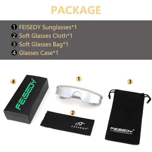 FEISEDY Futuristic Visor Punk Sunglasses Rimless One Piece Goggles Miorred Shades Women Men B2927Jeweled Frame Sliver Mirrored Lens 004