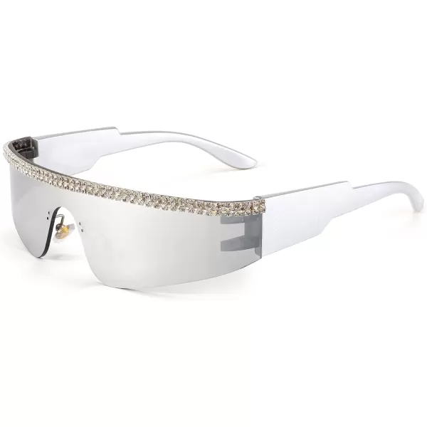 FEISEDY Futuristic Visor Punk Sunglasses Rimless One Piece Goggles Miorred Shades Women Men B2927Jeweled Frame Sliver Mirrored Lens 004