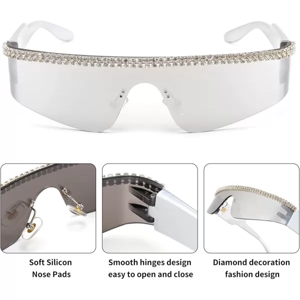 FEISEDY Futuristic Visor Punk Sunglasses Rimless One Piece Goggles Miorred Shades Women Men B2927Jeweled Frame Sliver Mirrored Lens 004