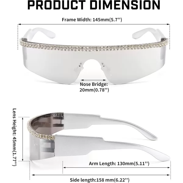 FEISEDY Futuristic Visor Punk Sunglasses Rimless One Piece Goggles Miorred Shades Women Men B2927Jeweled Frame Sliver Mirrored Lens 004