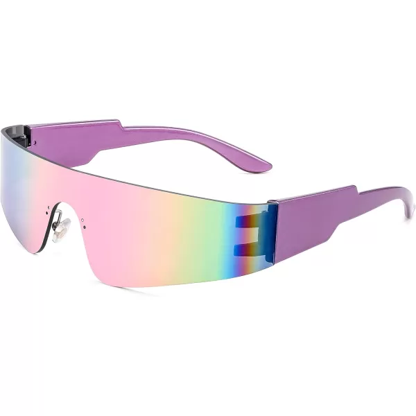 FEISEDY Futuristic Visor Punk Sunglasses Rimless One Piece Goggles Miorred Shades Women Men B2927Pink Mirrored