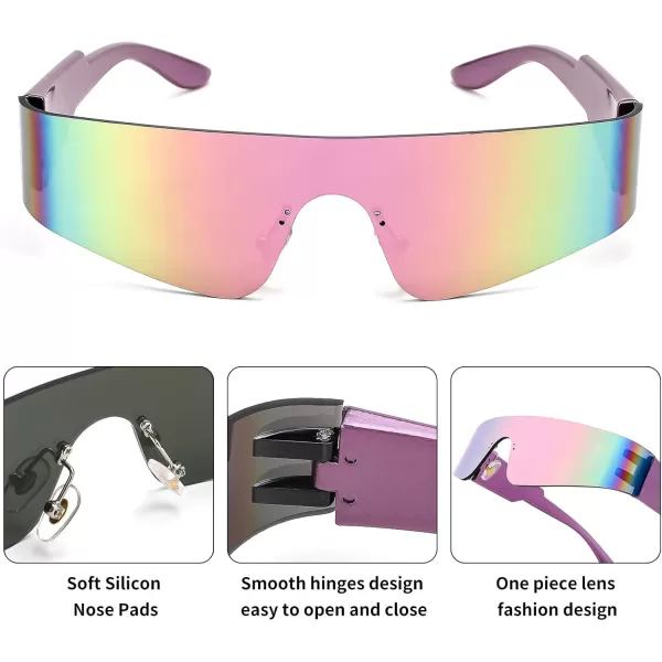 FEISEDY Futuristic Visor Punk Sunglasses Rimless One Piece Goggles Miorred Shades Women Men B2927Pink Mirrored
