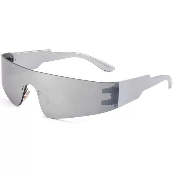FEISEDY Futuristic Visor Punk Sunglasses Rimless One Piece Goggles Miorred Shades Women Men B2927White Mirrored