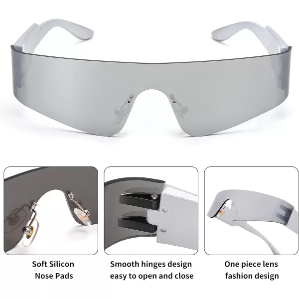 FEISEDY Futuristic Visor Punk Sunglasses Rimless One Piece Goggles Miorred Shades Women Men B2927White Mirrored