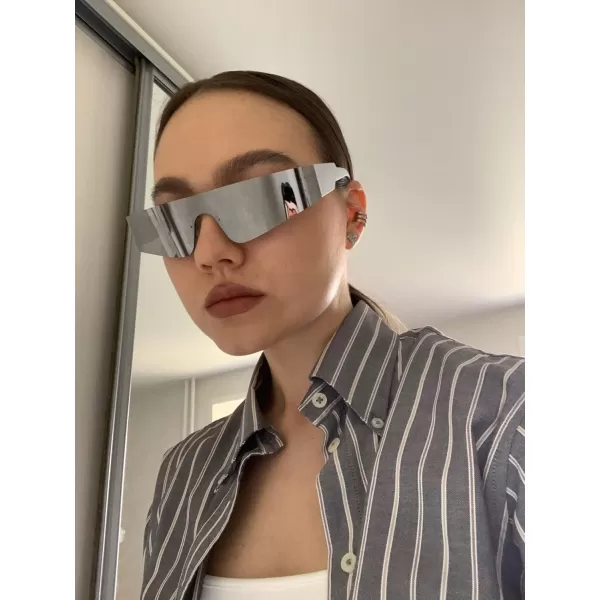 FEISEDY Futuristic Visor Punk Sunglasses Rimless One Piece Goggles Miorred Shades Women Men B2927White Mirrored