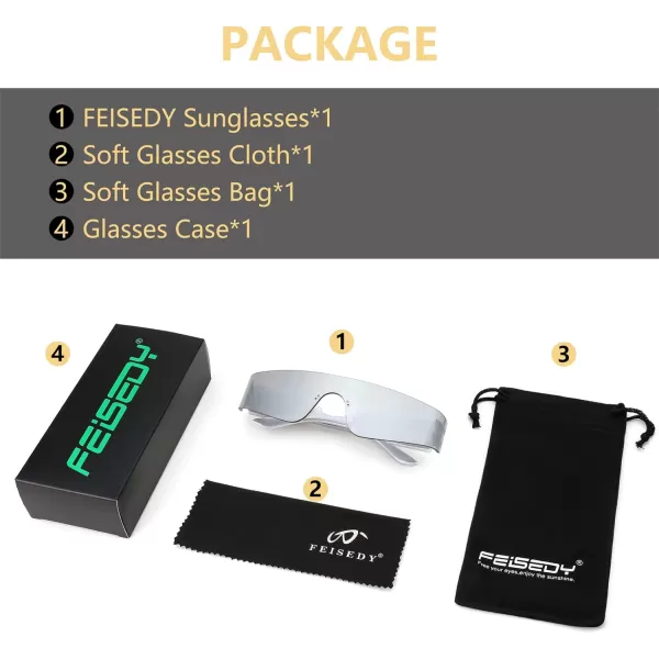FEISEDY Futuristic Visor Punk Sunglasses Rimless One Piece Goggles Miorred Shades Women Men B2927White Mirrored