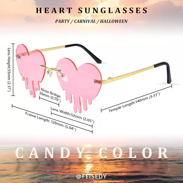 FEISEDY Heart Sunglasses for Women Men Rimless Irregular Heart Shaped Metal Frame Party Halloween Colorful Glasses B4058Pink