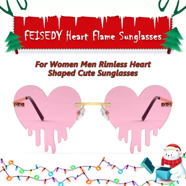 FEISEDY Heart Sunglasses for Women Men Rimless Irregular Heart Shaped Metal Frame Party Halloween Colorful Glasses B4058Pink