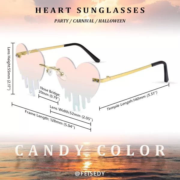 FEISEDY Heart Sunglasses for Women Men Rimless Irregular Heart Shaped Metal Frame Party Halloween Colorful Glasses B4058Pink Mirror