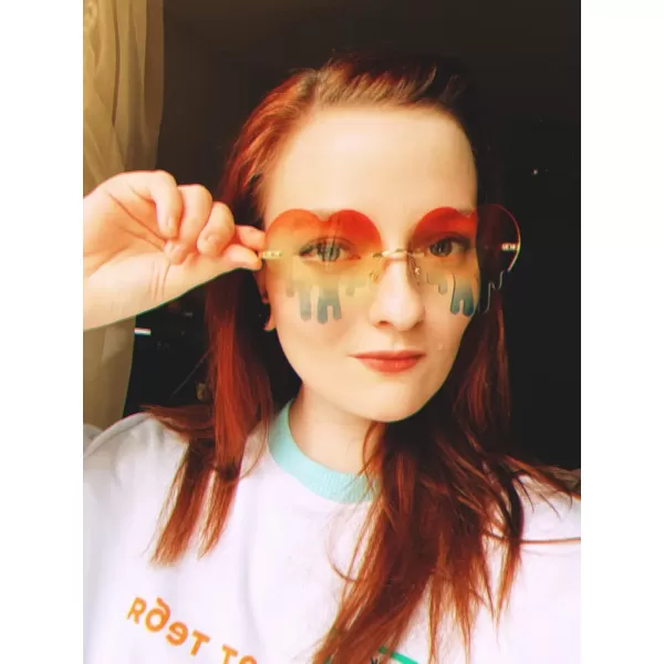 FEISEDY Heart Sunglasses for Women Men Rimless Irregular Heart Shaped Metal Frame Party Halloween Colorful Glasses B4058PinkGreen