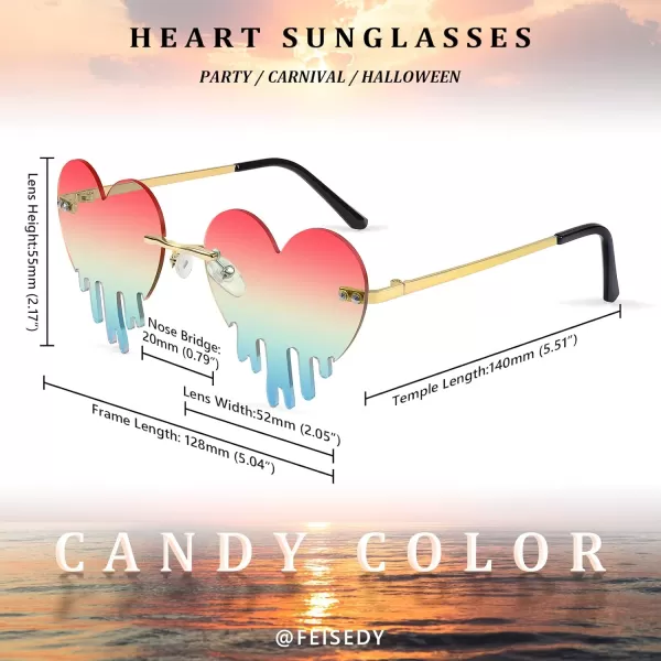 FEISEDY Heart Sunglasses for Women Men Rimless Irregular Heart Shaped Metal Frame Party Halloween Colorful Glasses B4058PinkGreen