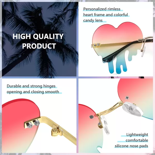 FEISEDY Heart Sunglasses for Women Men Rimless Irregular Heart Shaped Metal Frame Party Halloween Colorful Glasses B4058PinkGreen