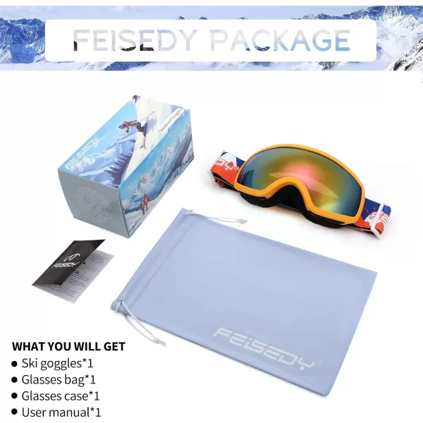 FEISEDY Kids Ski GogglesSnowboard Goggles for Boys Girl YouthOTG Anti Fog UV Protection Snow Goggles B0019Orange Frame  Red Mirrored Lens Vlt 11