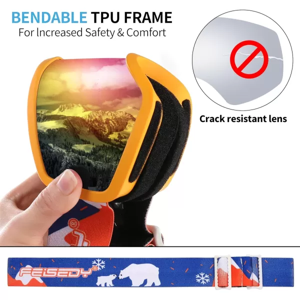 FEISEDY Kids Ski GogglesSnowboard Goggles for Boys Girl YouthOTG Anti Fog UV Protection Snow Goggles B0019Orange Frame  Red Mirrored Lens Vlt 11