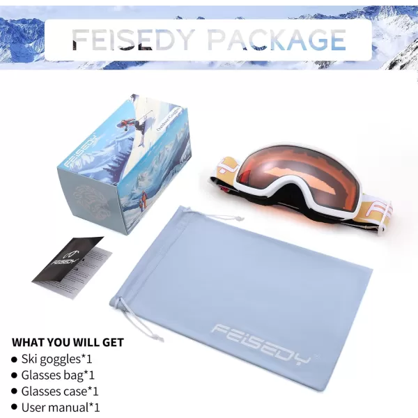 FEISEDY Kids Ski GogglesSnowboard Goggles for Boys Girl YouthOTG Anti Fog UV Protection Snow Goggles B0019White Frame  Orange Mirrored Lens Vlt 34
