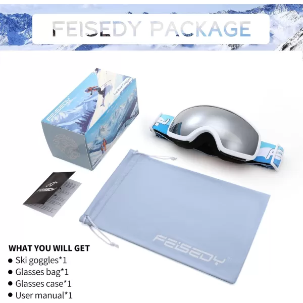 FEISEDY Kids Ski GogglesSnowboard Goggles for Boys Girl YouthOTG Anti Fog UV Protection Snow Goggles B0019White Frame  White Mirrored Lens Vlt 117