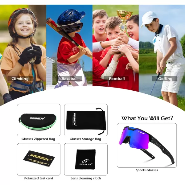 FEISEDY Kids Sunglasses Polarized Youth Baseball Sunglasses Sports Cycling Glasses UV400 for Boys Girls Age 814 B0093Black Frame Blue Mirrored Lens