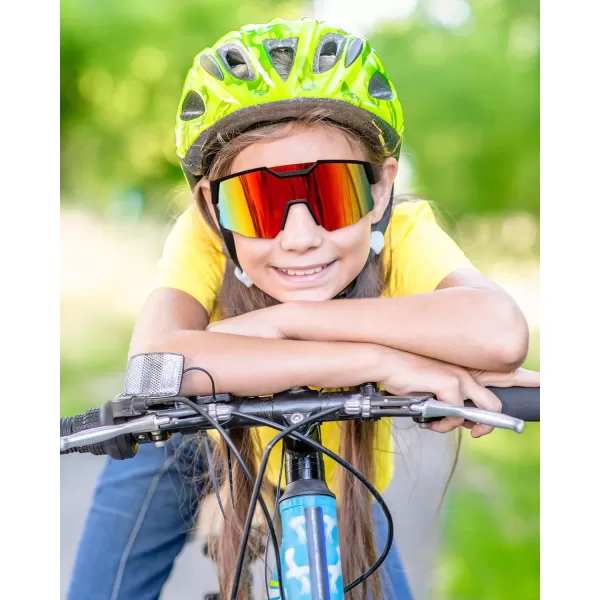FEISEDY Kids Sunglasses Polarized Youth Baseball Sunglasses Sports Cycling Glasses UV400 for Boys Girls Age 814 B0093Black Frame Red Mirrored Lens