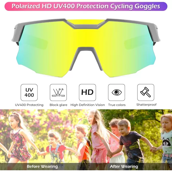 FEISEDY Kids Sunglasses Polarized Youth Baseball Sunglasses Sports Cycling Glasses UV400 for Boys Girls Age 814 B0093Grey Frame Gold Mirrored Lens