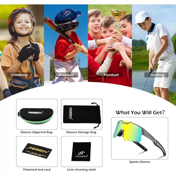 FEISEDY Kids Sunglasses Polarized Youth Baseball Sunglasses Sports Cycling Glasses UV400 for Boys Girls Age 814 B0093Grey Frame Gold Mirrored Lens