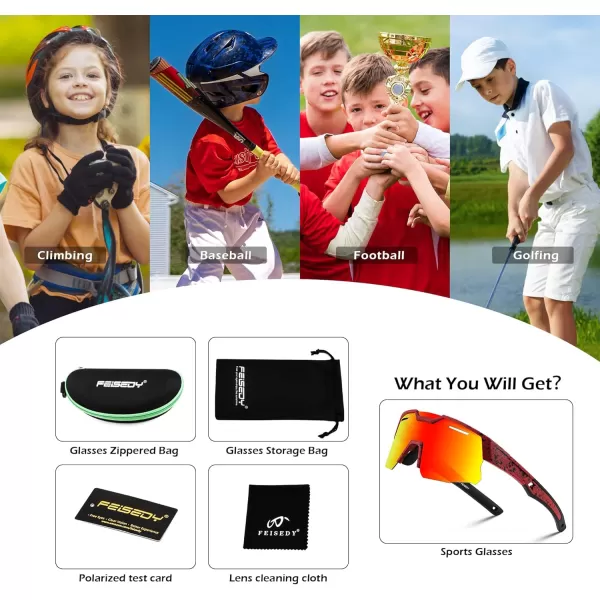 FEISEDY Kids Sunglasses Polarized Youth Baseball Sunglasses Sports Cycling Glasses UV400 for Boys Girls Age 814 B0093Red Frame Red Mirrored Lens