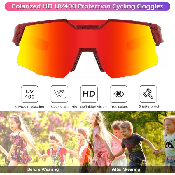 FEISEDY Kids Sunglasses Polarized Youth Baseball Sunglasses Sports Cycling Glasses UV400 for Boys Girls Age 814 B0093Red Frame Red Mirrored Lens