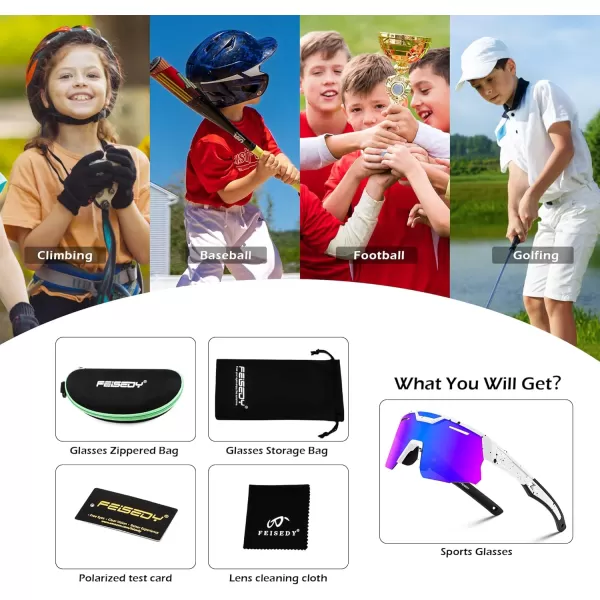 FEISEDY Kids Sunglasses Polarized Youth Baseball Sunglasses Sports Cycling Glasses UV400 for Boys Girls Age 814 B0093White Frame Blue Mirrored Lens