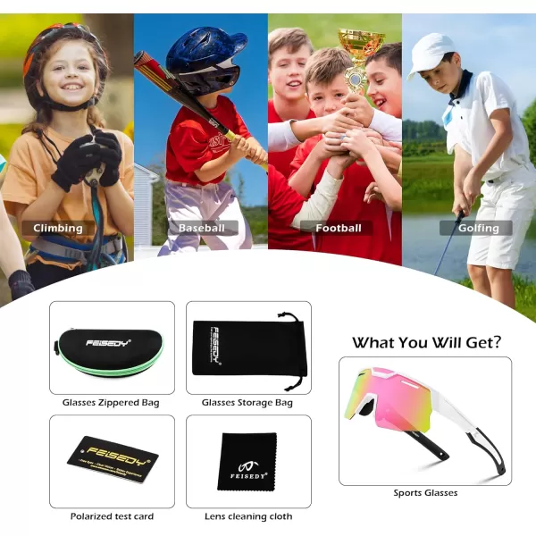 FEISEDY Kids Sunglasses Polarized Youth Baseball Sunglasses Sports Cycling Glasses UV400 for Boys Girls Age 814 B0093White Frame Pink Mirrored Lens