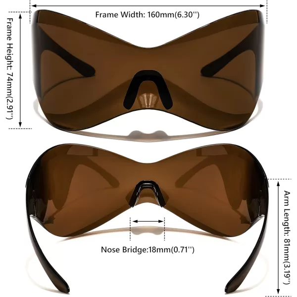 FEISEDY Oversized Shield Futuristic Sunglasses for Women Men Alien Fashion Y2K Wrap Around Visor Sun Glasses Shades B9101Brown