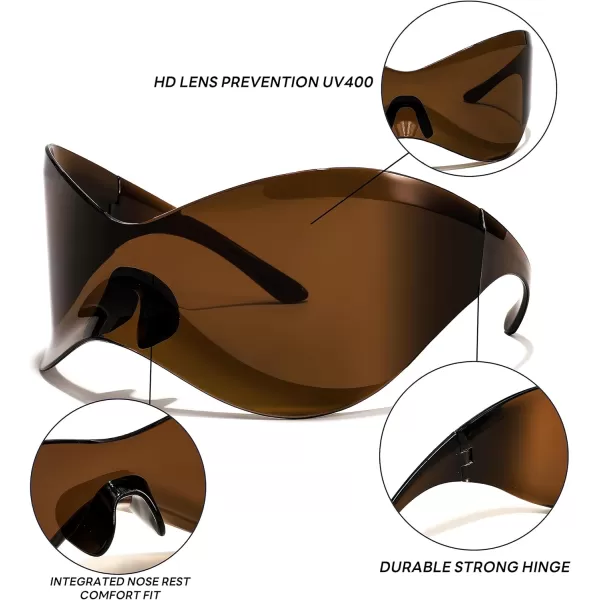 FEISEDY Oversized Shield Futuristic Sunglasses for Women Men Alien Fashion Y2K Wrap Around Visor Sun Glasses Shades B9101Brown