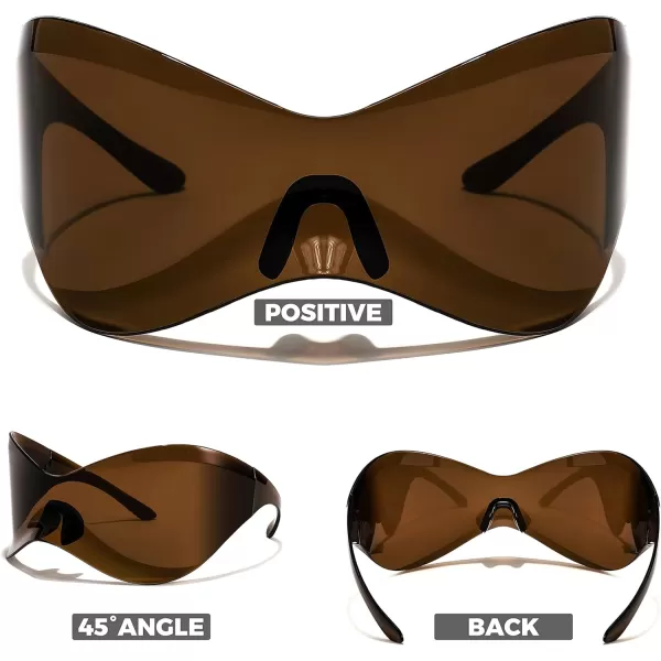 FEISEDY Oversized Shield Futuristic Sunglasses for Women Men Alien Fashion Y2K Wrap Around Visor Sun Glasses Shades B9101Brown