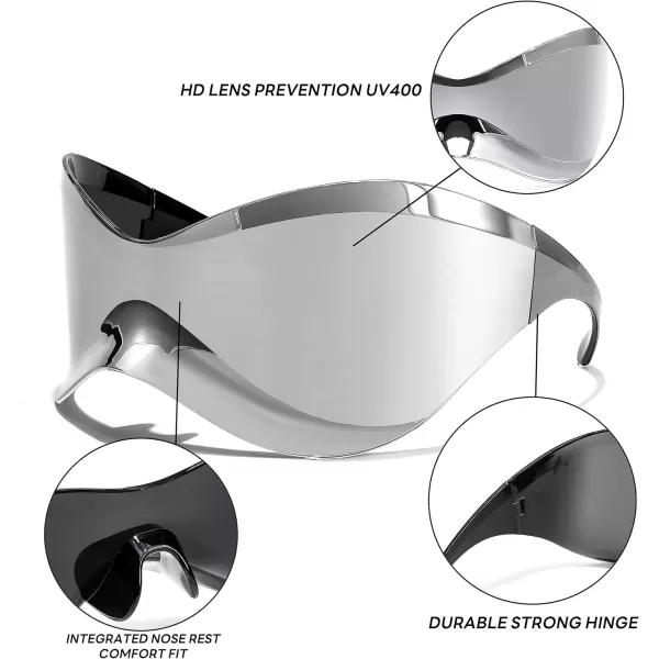 FEISEDY Oversized Shield Futuristic Sunglasses for Women Men Alien Fashion Y2K Wrap Around Visor Sun Glasses Shades B9101Silver Mirror