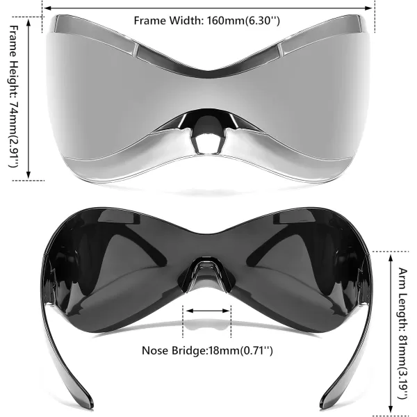 FEISEDY Oversized Shield Futuristic Sunglasses for Women Men Alien Fashion Y2K Wrap Around Visor Sun Glasses Shades B9101Silver Mirror