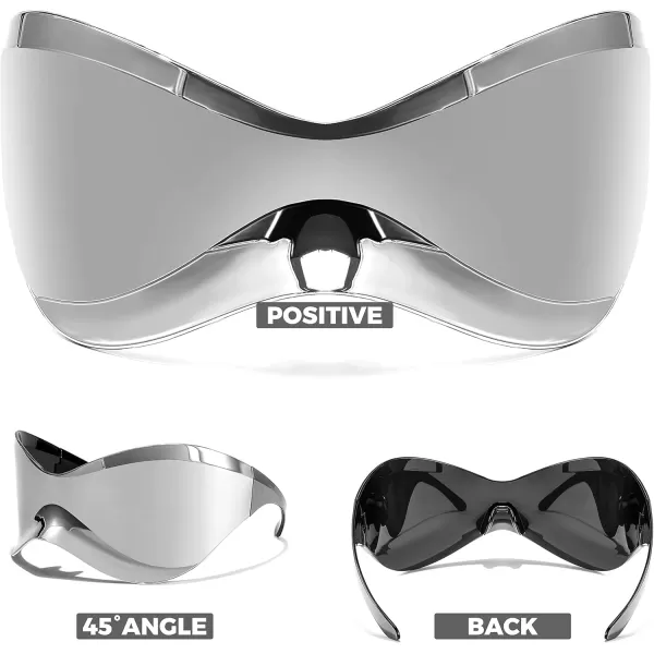 FEISEDY Oversized Shield Futuristic Sunglasses for Women Men Alien Fashion Y2K Wrap Around Visor Sun Glasses Shades B9101Silver Mirror