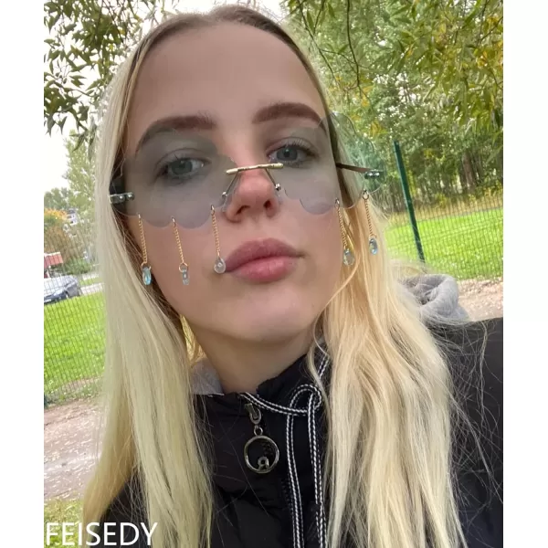 FEISEDY Retro Dripping Cloud Shaped Tassel Sunglasses Rimless Women Funny Party Disco Eyewear B2834Blue