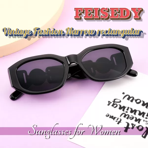 FEISEDY Retro Trendy Rectangle Sunglasses Women Men Vintage 90s Small Narrow Square Sunglasses B2322001 Black FrameGray Lens