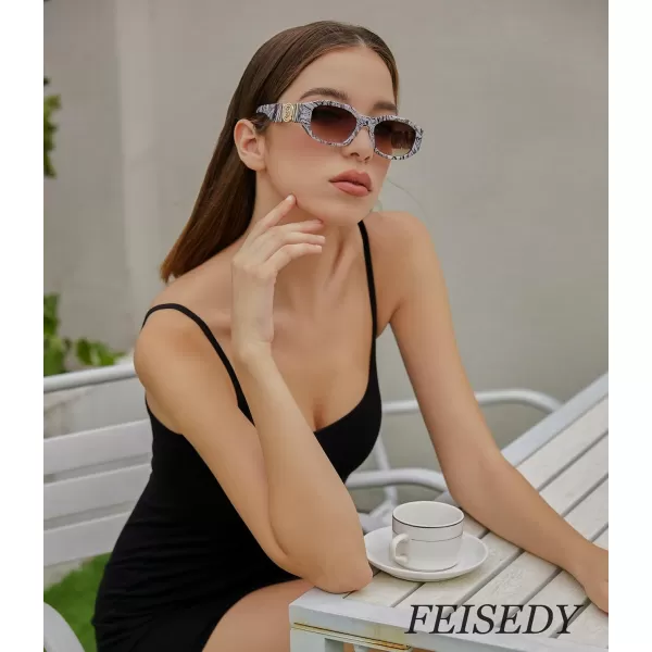 FEISEDY Retro Trendy Rectangle Sunglasses Women Men Vintage 90s Small Narrow Square Sunglasses B2322002 Black Pattern FrameGradient Tea Lens
