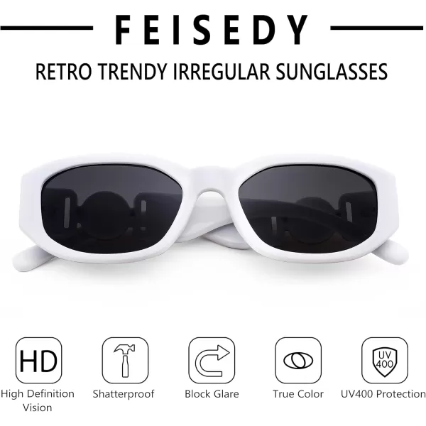 FEISEDY Retro Trendy Rectangle Sunglasses Women Men Vintage 90s Small Narrow Square Sunglasses B2322003 White FrameGray Lens