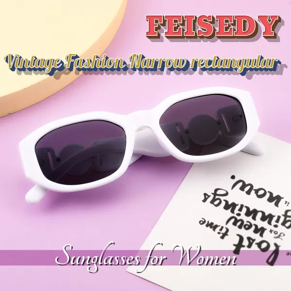 FEISEDY Retro Trendy Rectangle Sunglasses Women Men Vintage 90s Small Narrow Square Sunglasses B2322003 White FrameGray Lens