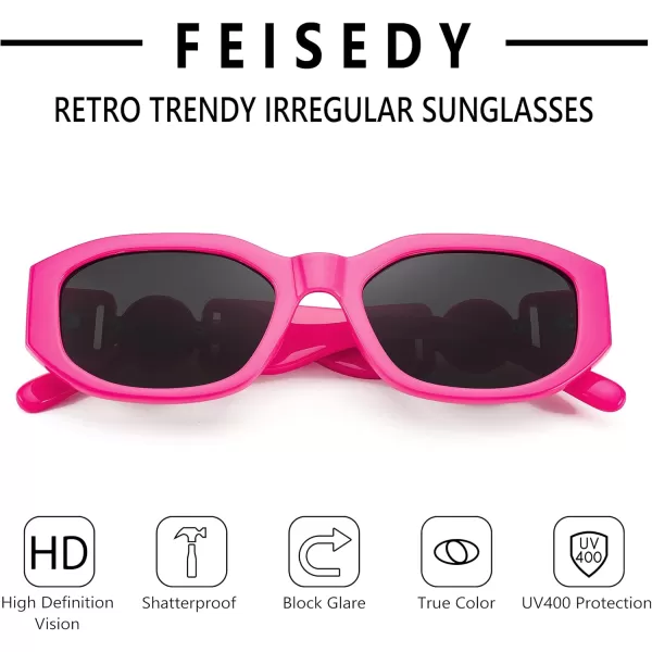 FEISEDY Retro Trendy Rectangle Sunglasses Women Men Vintage 90s Small Narrow Square Sunglasses B2322005 Rose Red FrameGray Lens