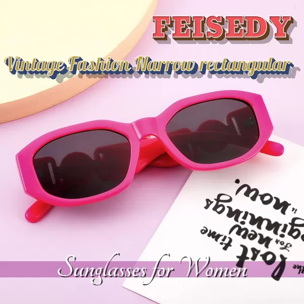 FEISEDY Retro Trendy Rectangle Sunglasses Women Men Vintage 90s Small Narrow Square Sunglasses B2322005 Rose Red FrameGray Lens