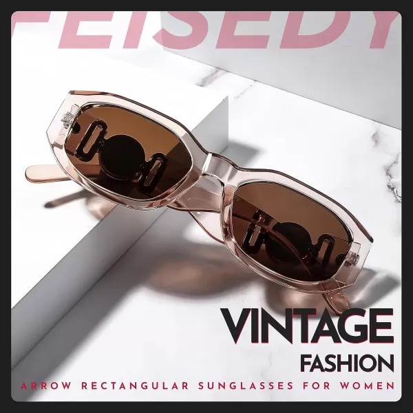 FEISEDY Retro Trendy Rectangle Sunglasses Women Men Vintage 90s Small Narrow Square Sunglasses B2322Champagne FrameBrown Lens